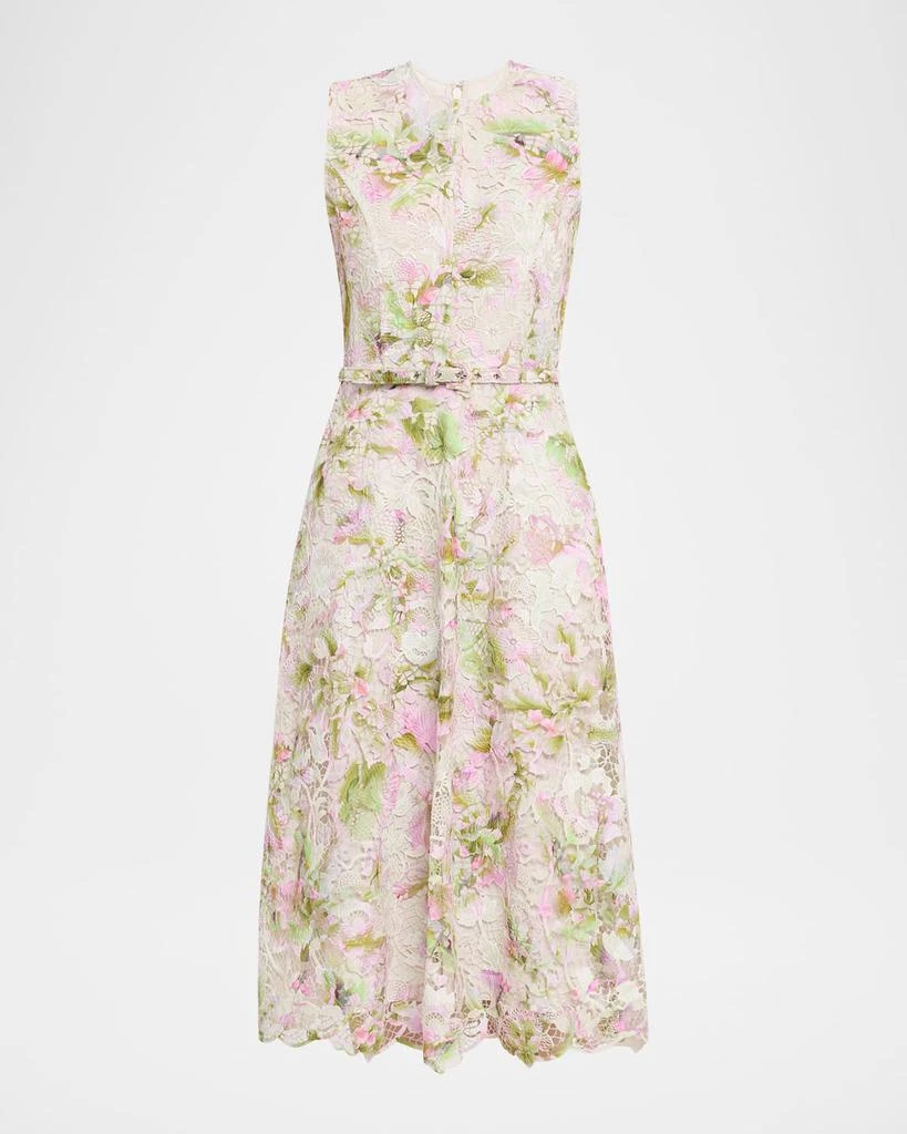 Monique Lhuillier Printed Tulip Lace Sleeveless Belted Midi Dress
