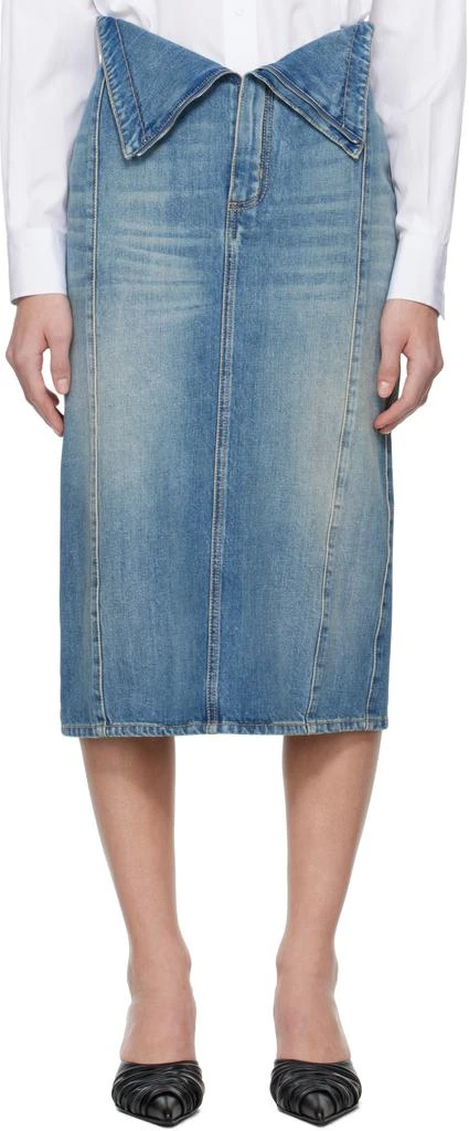 McQueen Blue Fold Over Waist Denim Midi Skirt 1