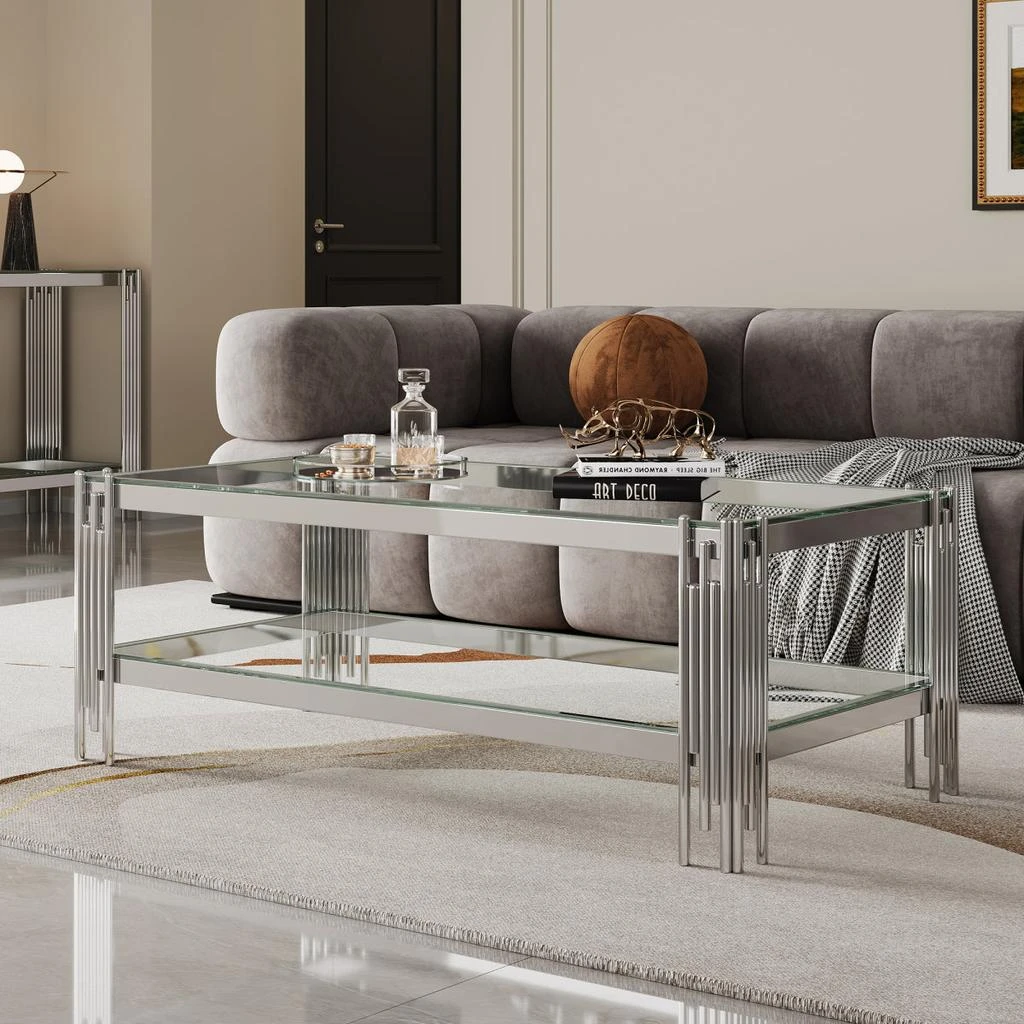 Streamdale Furniture Streamdale Double Layer Tempered Glass Coffee Table with Mirror Stainless Steel Frame 2