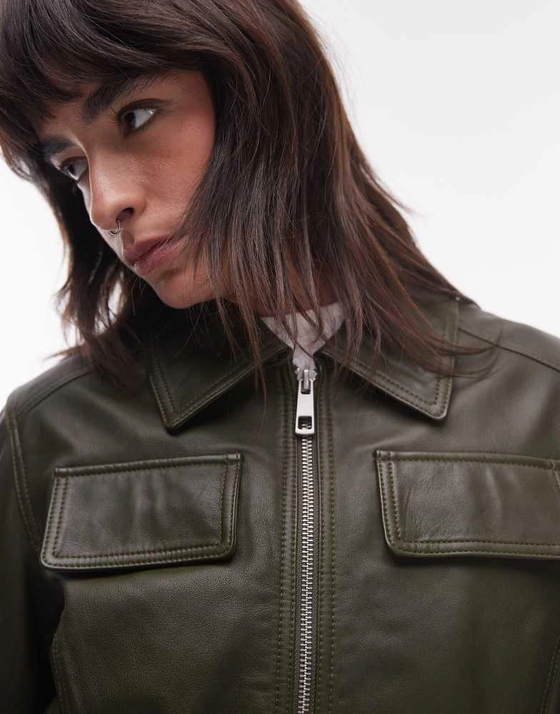Topshop Topshop premium real leather boxy jacket in dark green 4