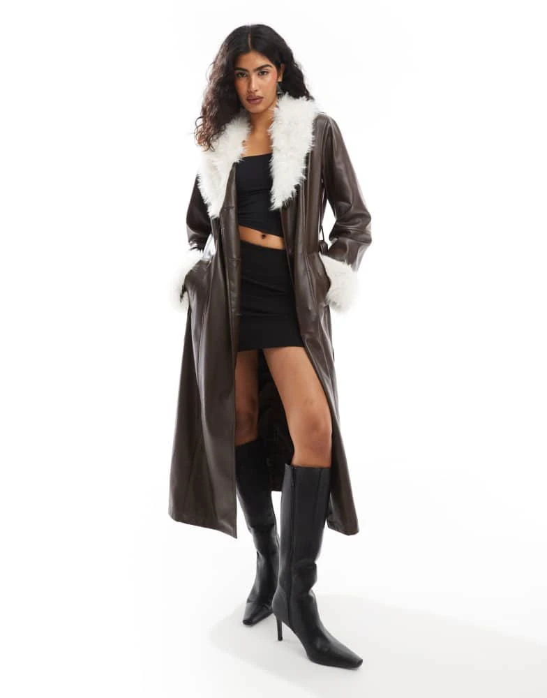 ASOS ASOS DESIGN faux fur collar and cuff longline leather look coat in chocolate 1