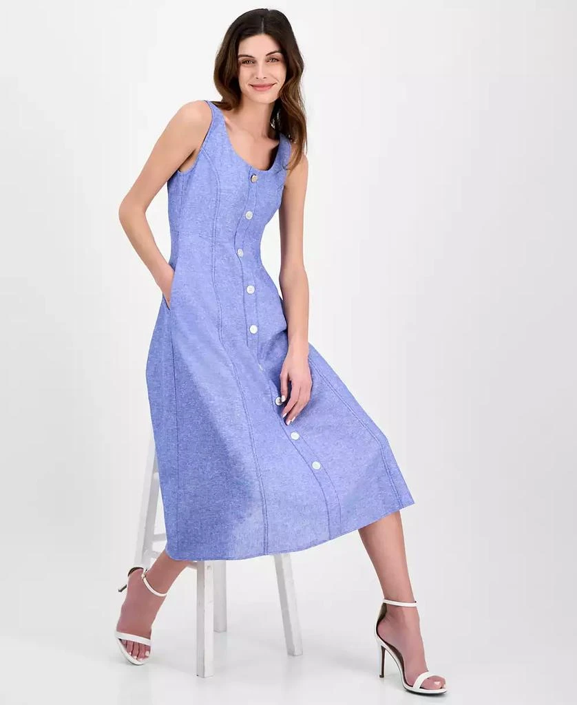 Anne Klein Women's Linen Blend Sleeveless Button-Front A-Line Dress 4