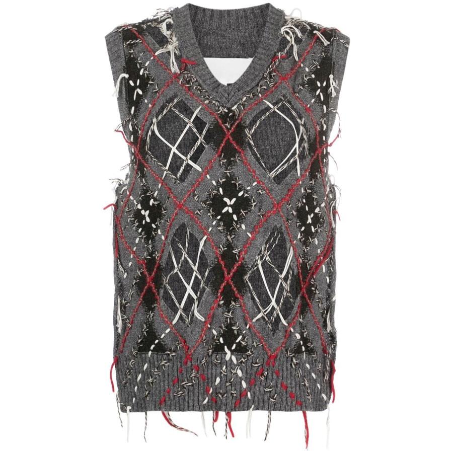 MAISON MARGIELA Men's Grey / Dark Green / Walnut Cut-Out Intarsia-Knit Vest