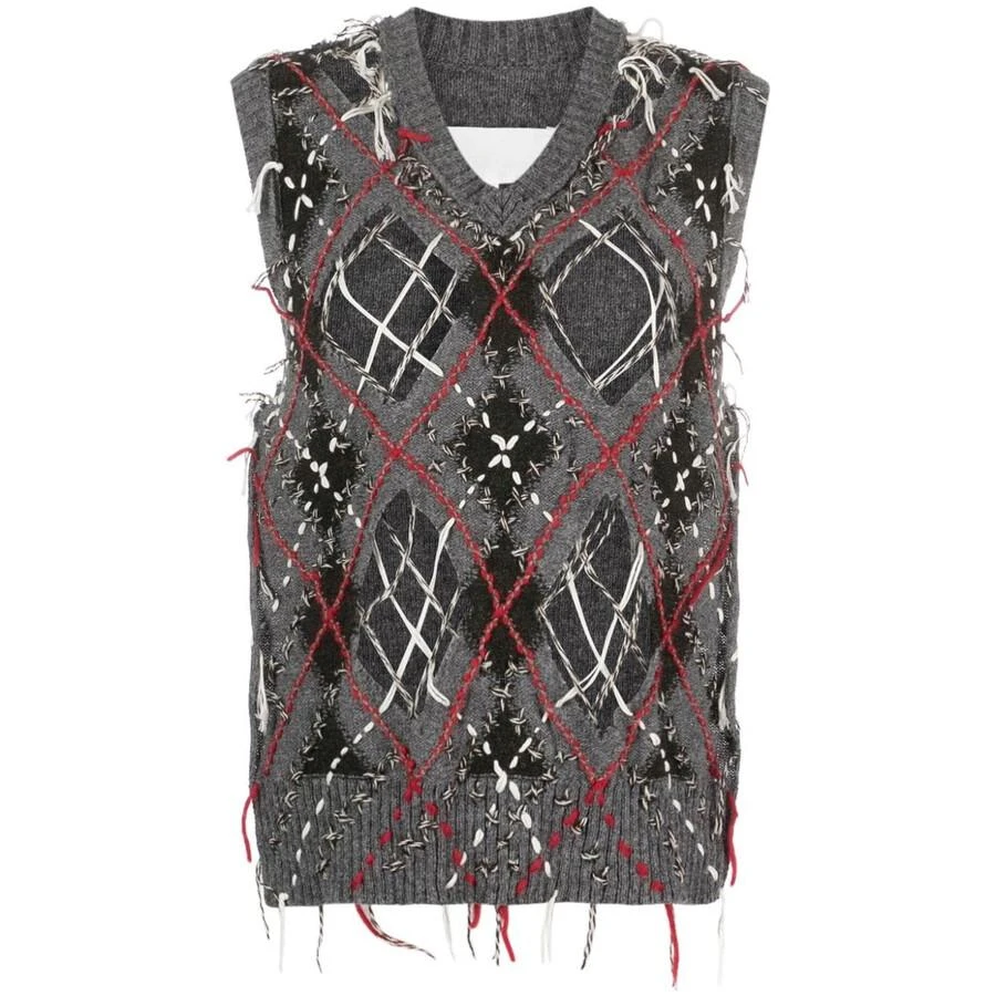 Maison Margiela Men's Grey / Dark Green / Walnut Cut-Out Intarsia-Knit Vest 1