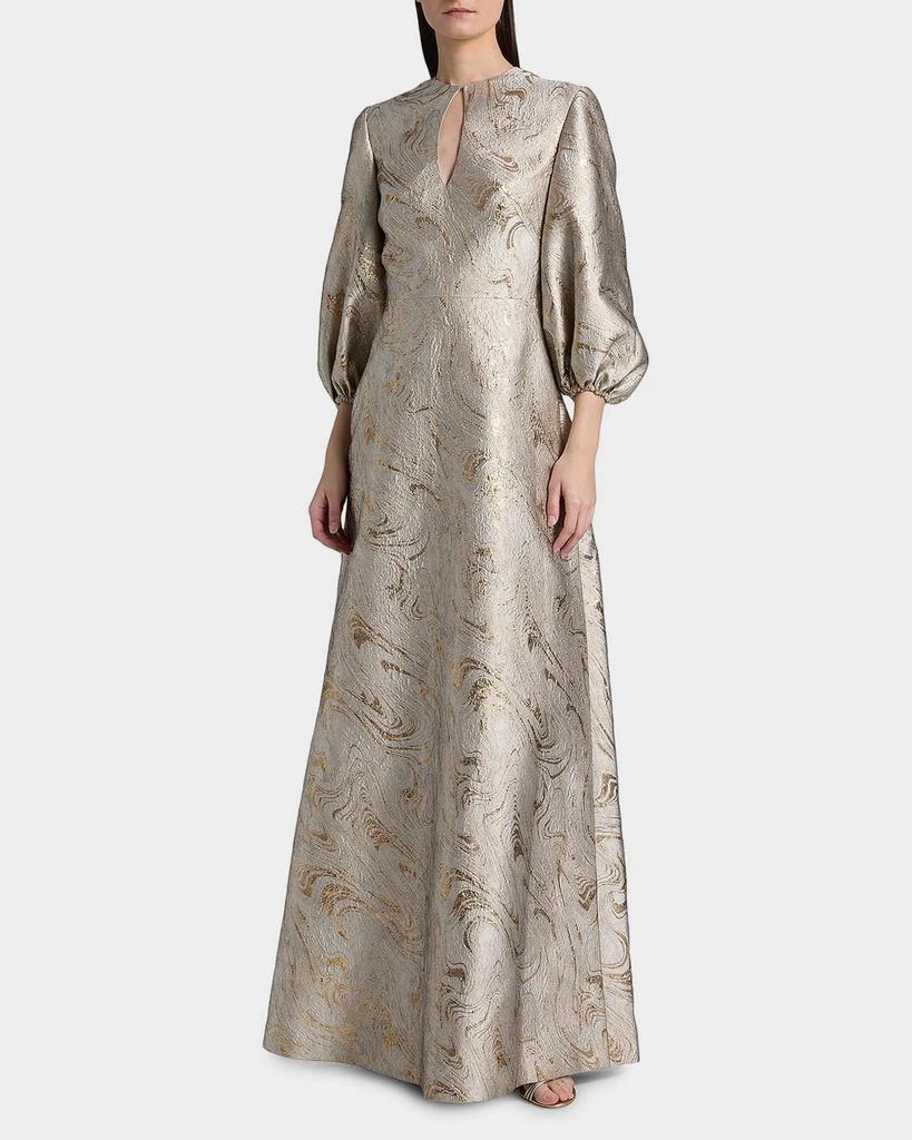 REEM ACRA Balloon-Sleeve Metallic Brocade Kaftan Gown 4