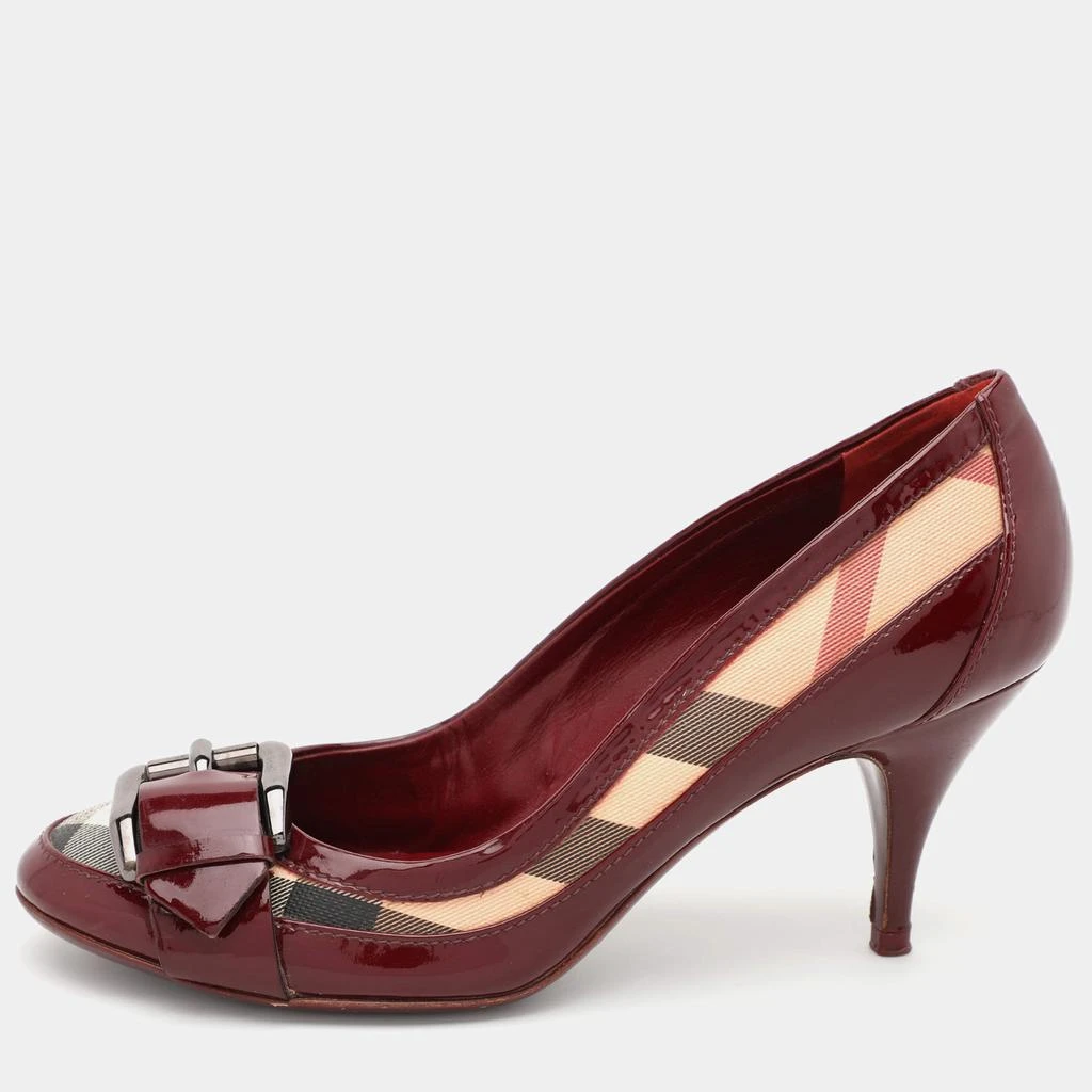 Burberry Burberry Burgundy Patent Leather and Coated Canvas Buckle Detail Pumps Size 37 1