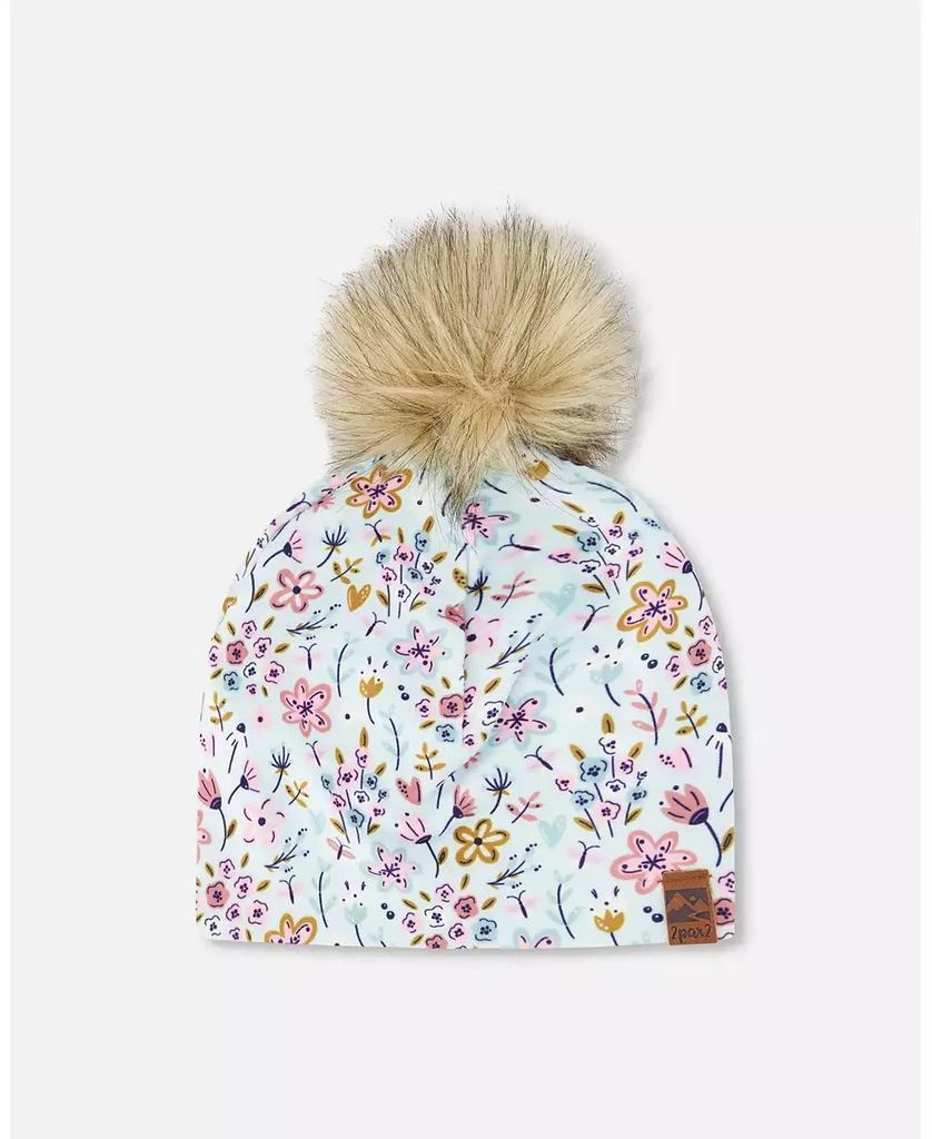 Deux par Deux Girl Stretch Jersey Hat Blue Mini Flower Print with Pompom - Toddler|Child