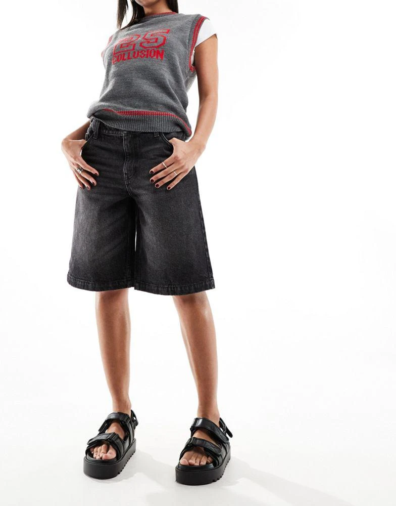 Bershka Bershka baggy longline denim shorts in acid wash black 2