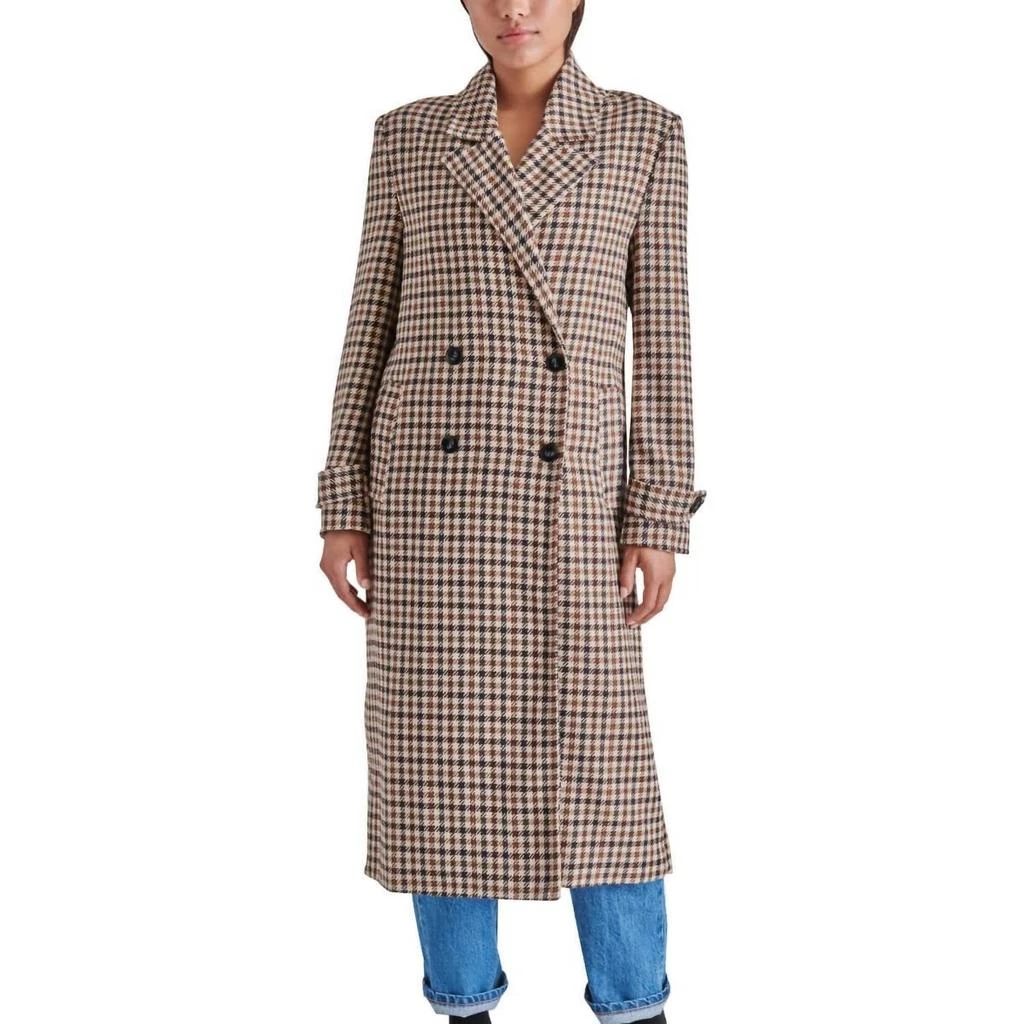 Steve Madden Prince Double Breasted Long Coat In Brown Plaid 4