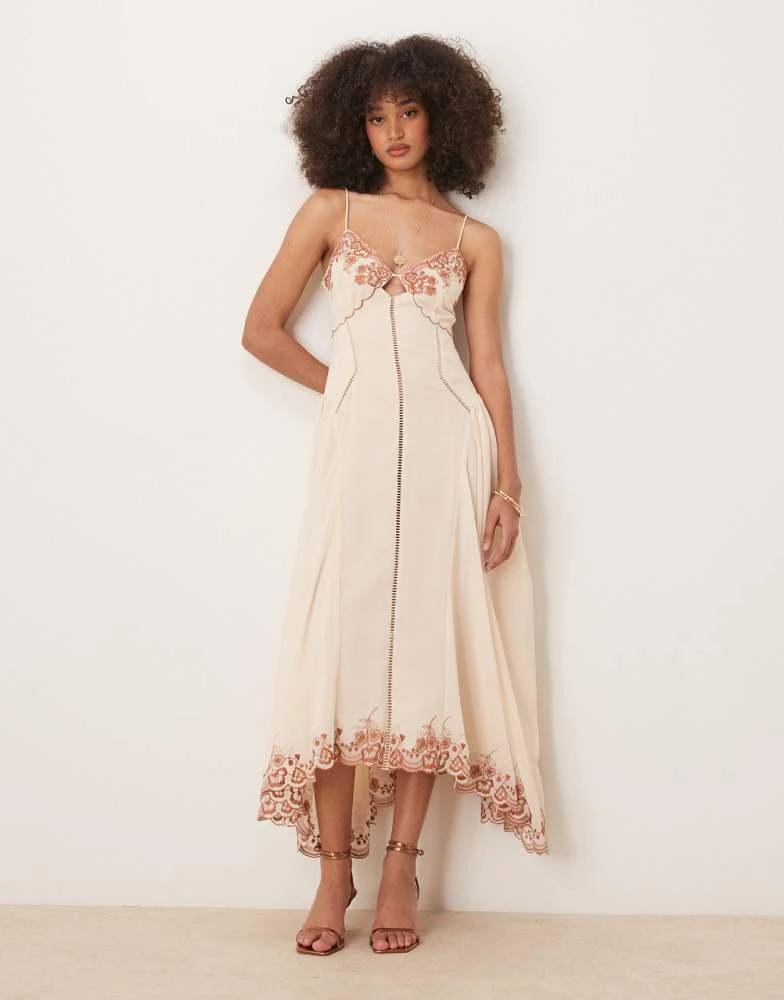 ASOS ASOS DESIGN contrast embroidered cami midi dress with ladder trim details in cream 1