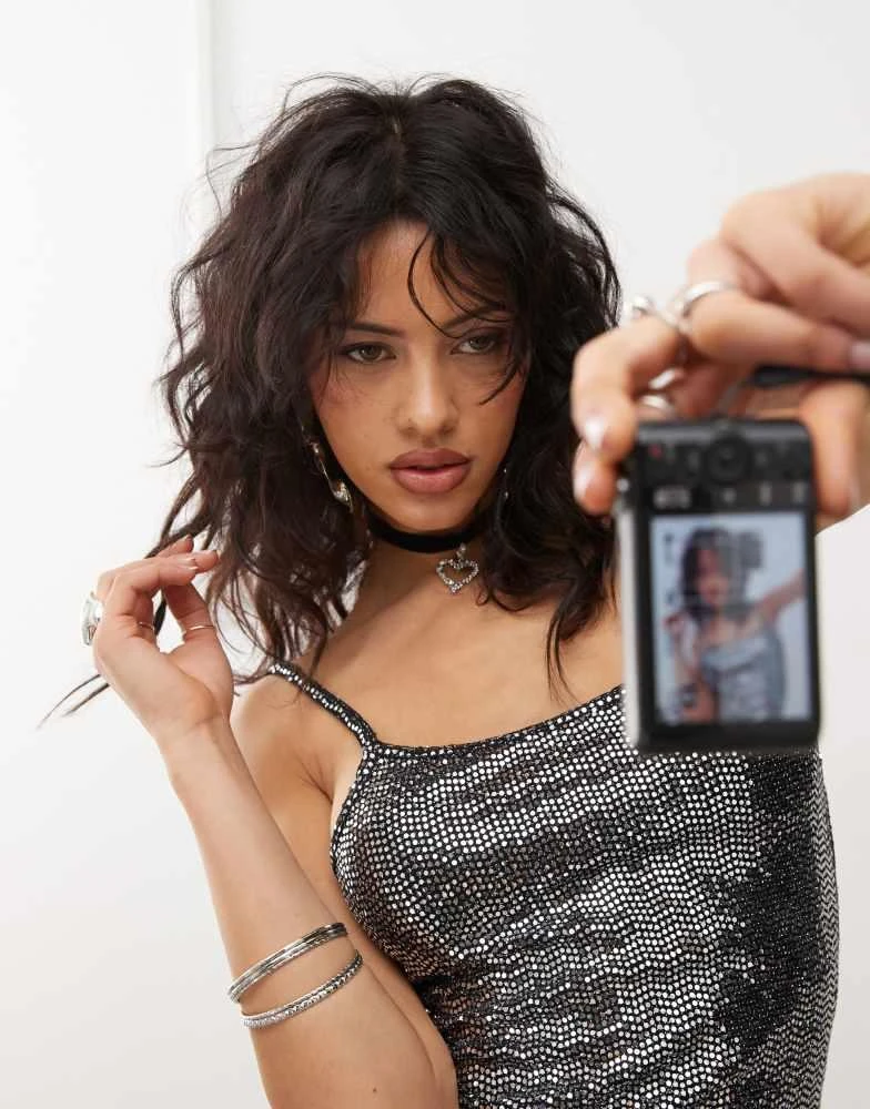 Monki Monki strappy mini dress in black silver sequins 2