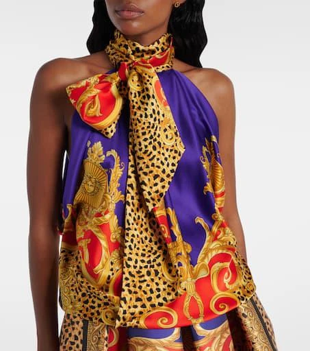 Versace Bow-detail printed silk satin top 5