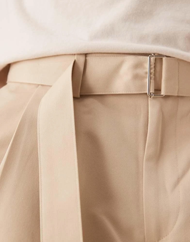 ASOS ASOS DESIGN smart belted wide leg trousers with front double pleats in beige 4