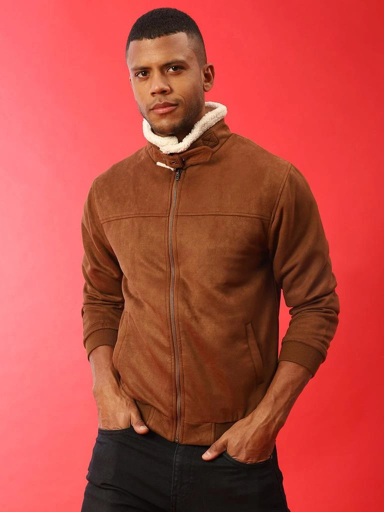 Campus Sutra Men Brown Suede Windcheater Outdoor Bomber Jacket 1