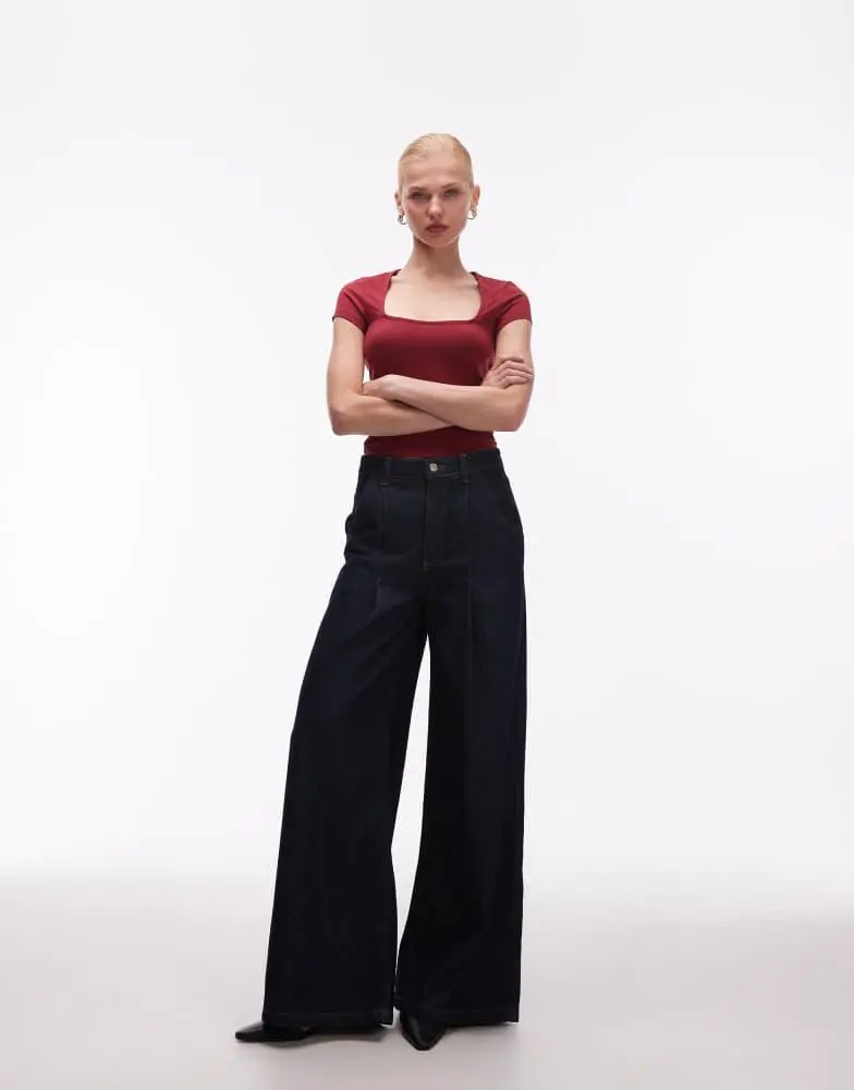 ASOS ASOS DESIGN cotton square neck cap sleeve top in burgundy 2