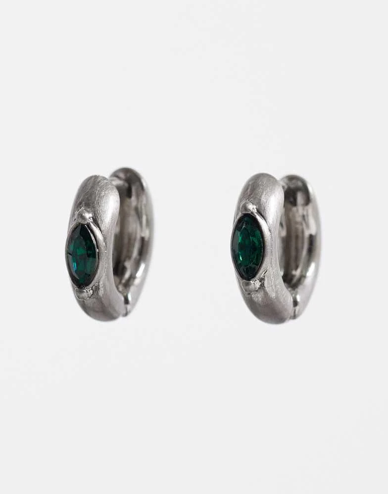 ASOS ASOS DESIGN chunky marquise emerald stone hoop earrings in brushed silver