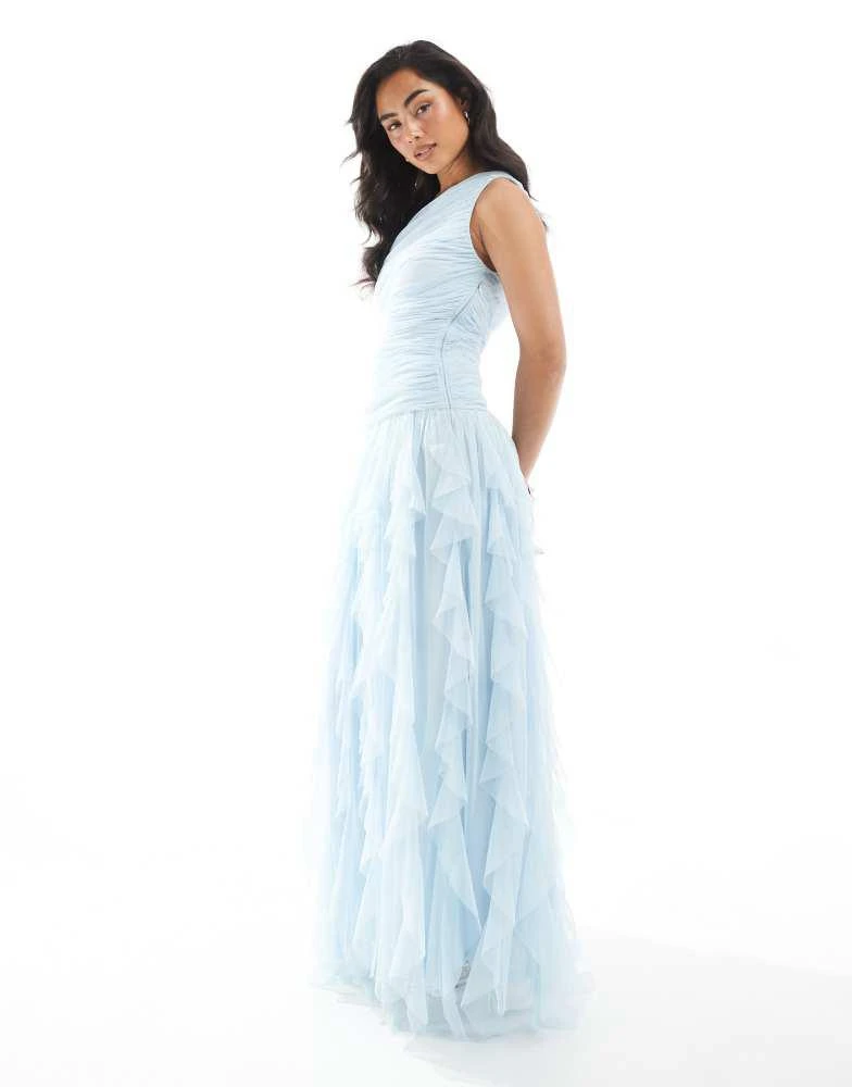 Lace & Beads Lace & Beads Bridesmaid one shoulder waterfall ruffle maxi dress in powder blue 1
