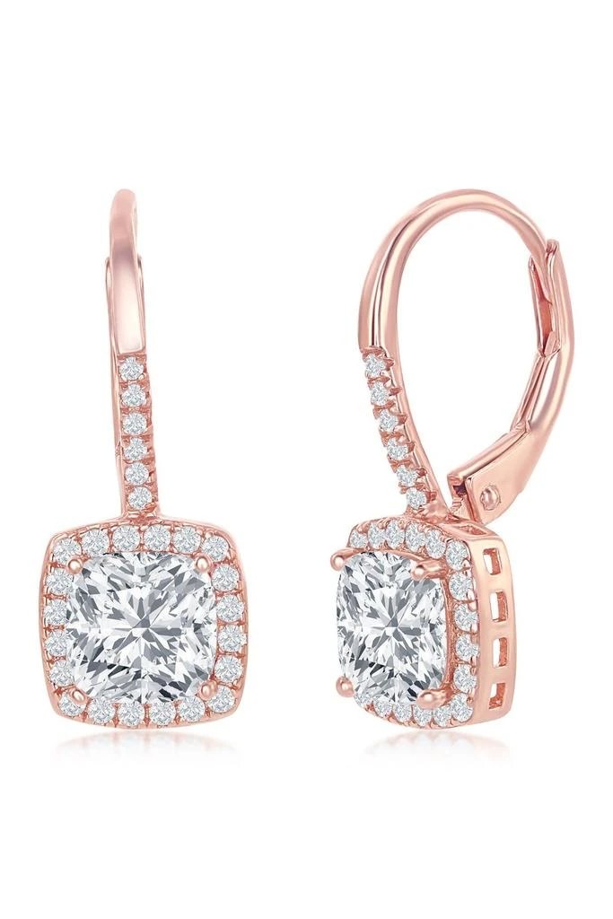 SIMONA 14K Rose Gold Plated Sterling Silver Princess-Cut CZ Halo Drop Earrings