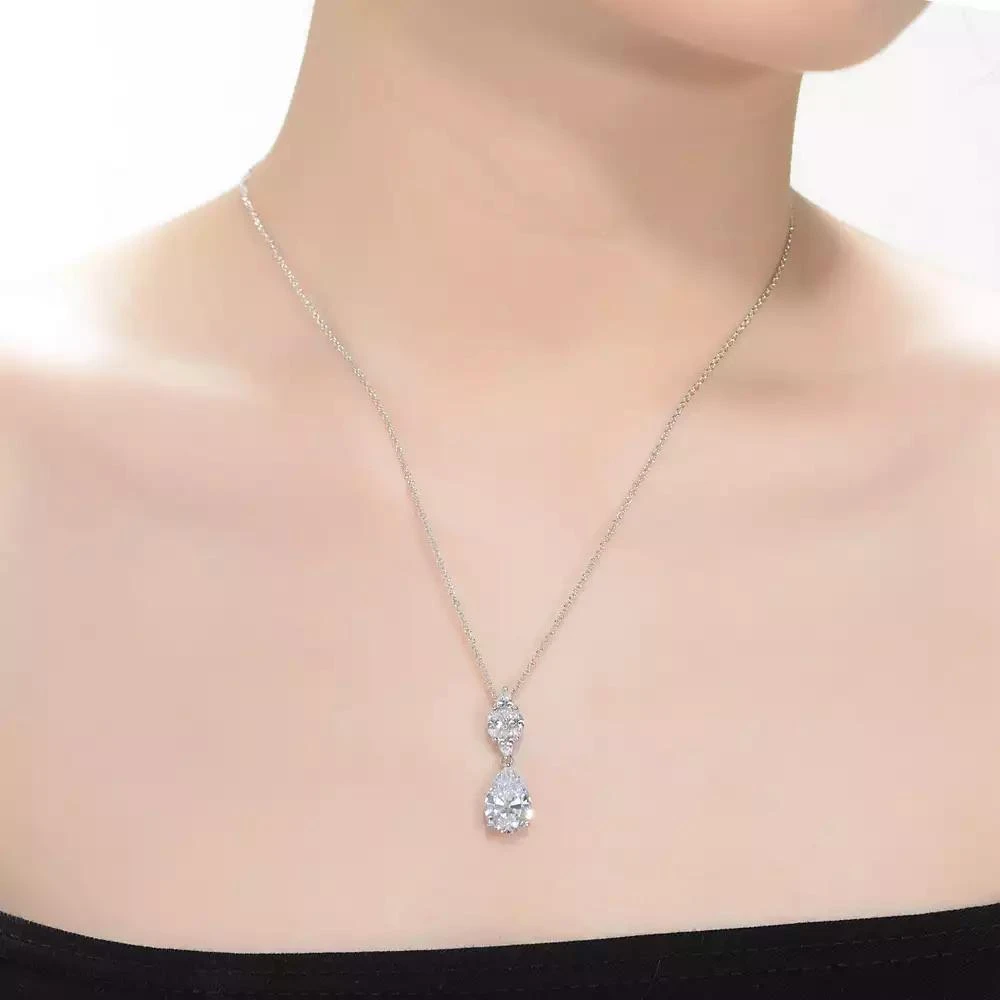 Genevive Sterling Silver with White Gold Plated Clear Pear with Marquise Cubic Zirconia Cluster Accent Drop Necklace 2