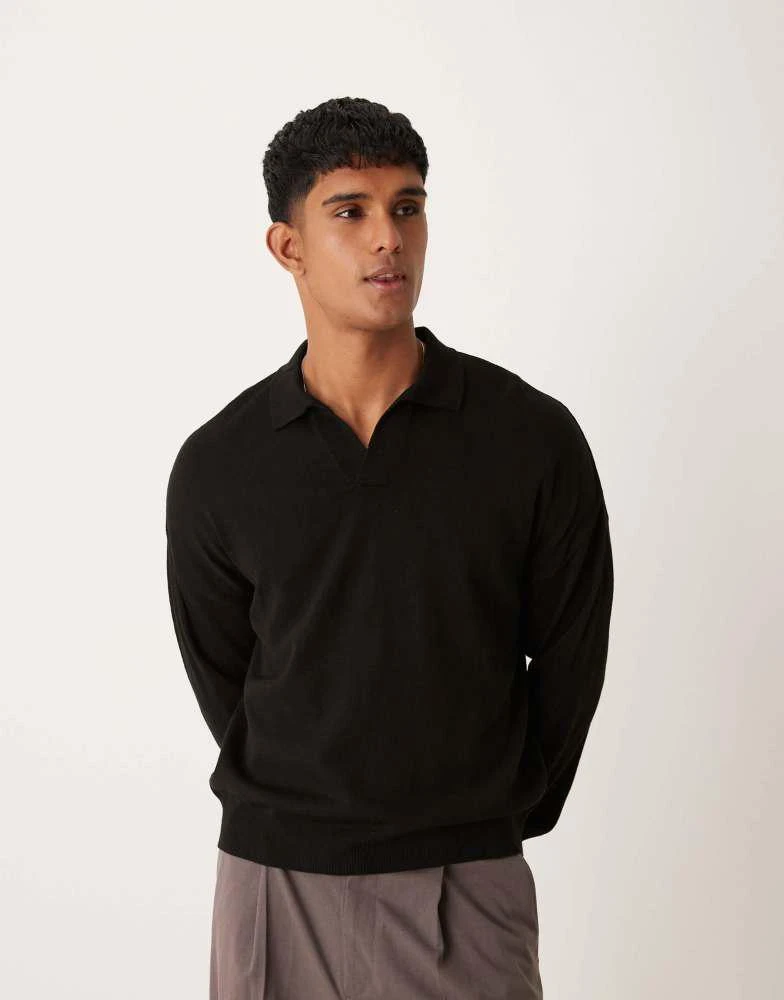 ASOS ASOS DESIGN relaxed  fit knitted long sleeve notch neck polo in black 1