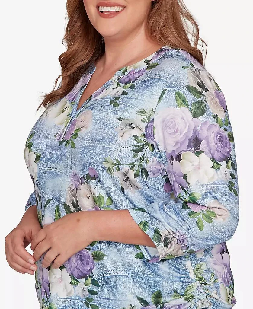 Alfred Dunner Plus Size Hilton Head Denim Floral Applique Henley Top 5