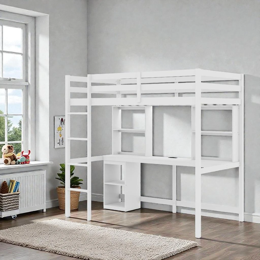 Hivvago Functional Twin Loft Bed with Work Desk and LED Feature, Box Spring Not Required