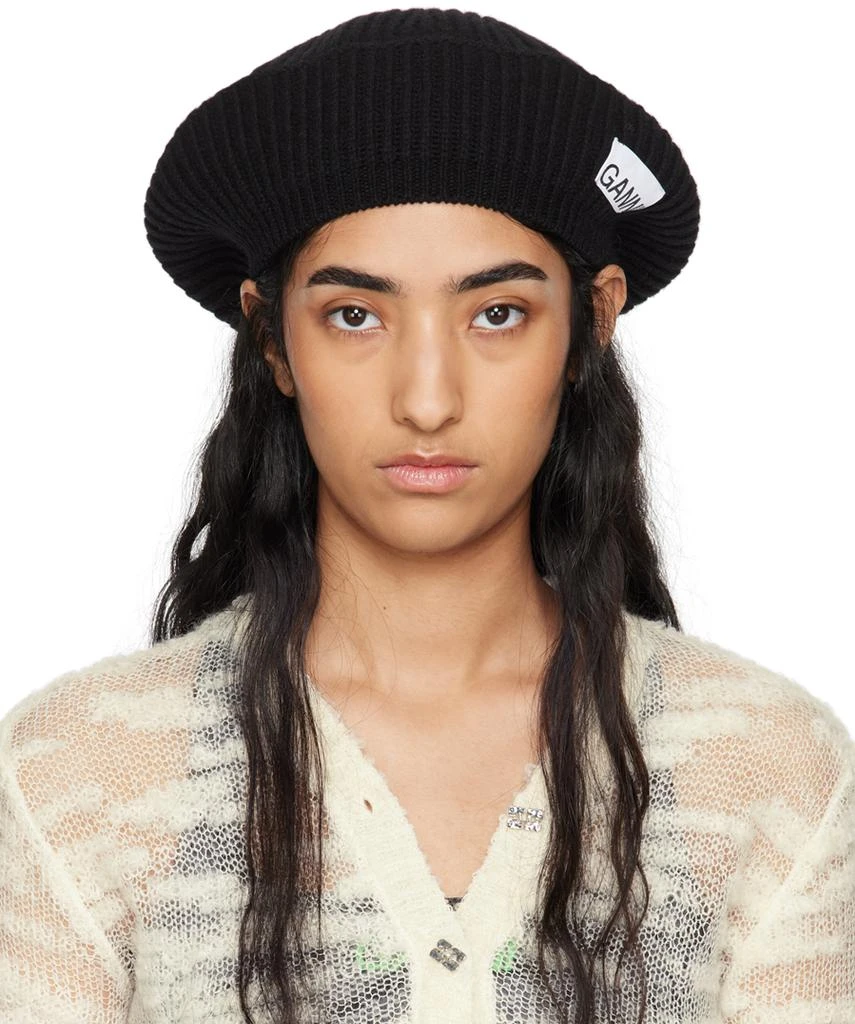Ganni Black Wool Rib Knit Beret 1