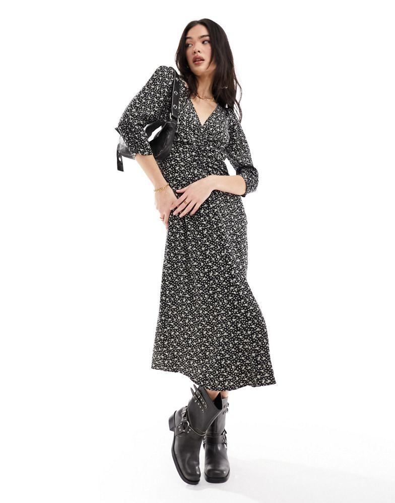 & Other Stories & Other Stories midi dress with ruched front and v neck in mono ditsy print