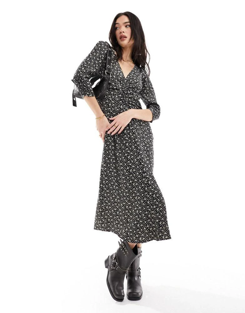 & Other Stories & Other Stories midi dress with ruched front and v neck in mono ditsy print 1