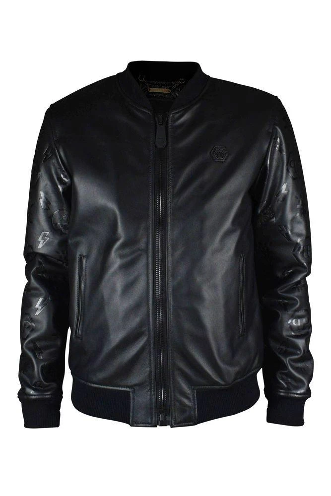 Philipp Plein Black Leather Bomber Jacket
