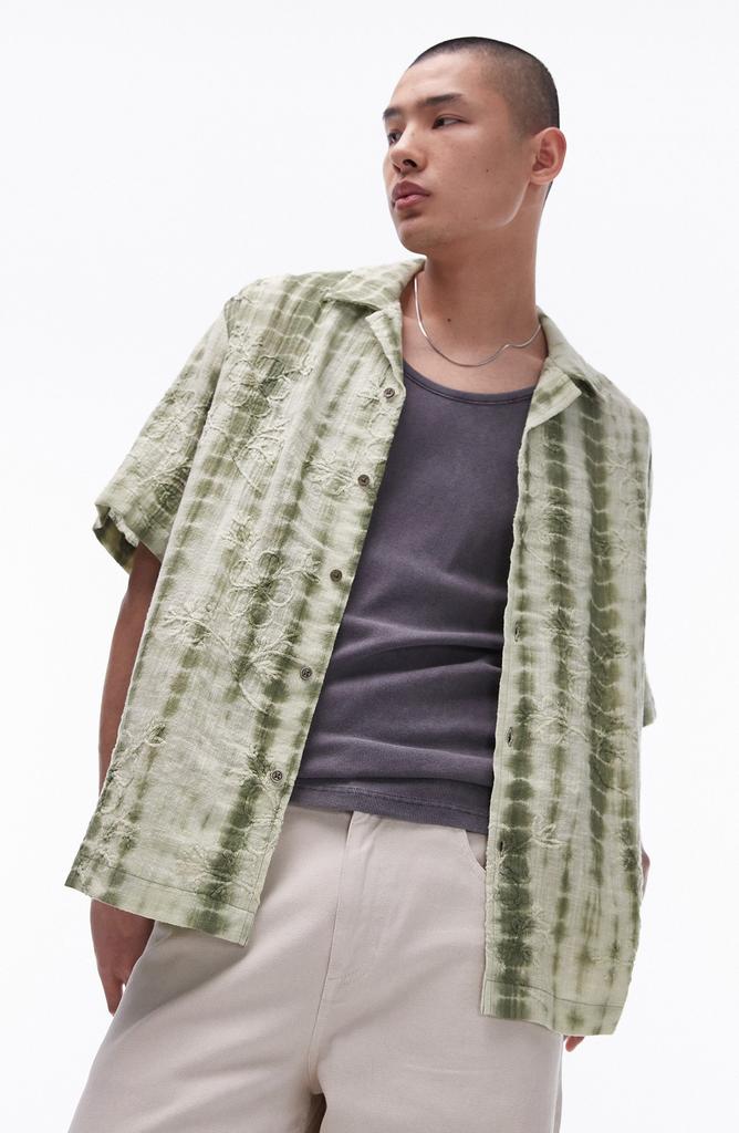 Topman Floral Embroidered Tie Dye Stripe Camp Shirt