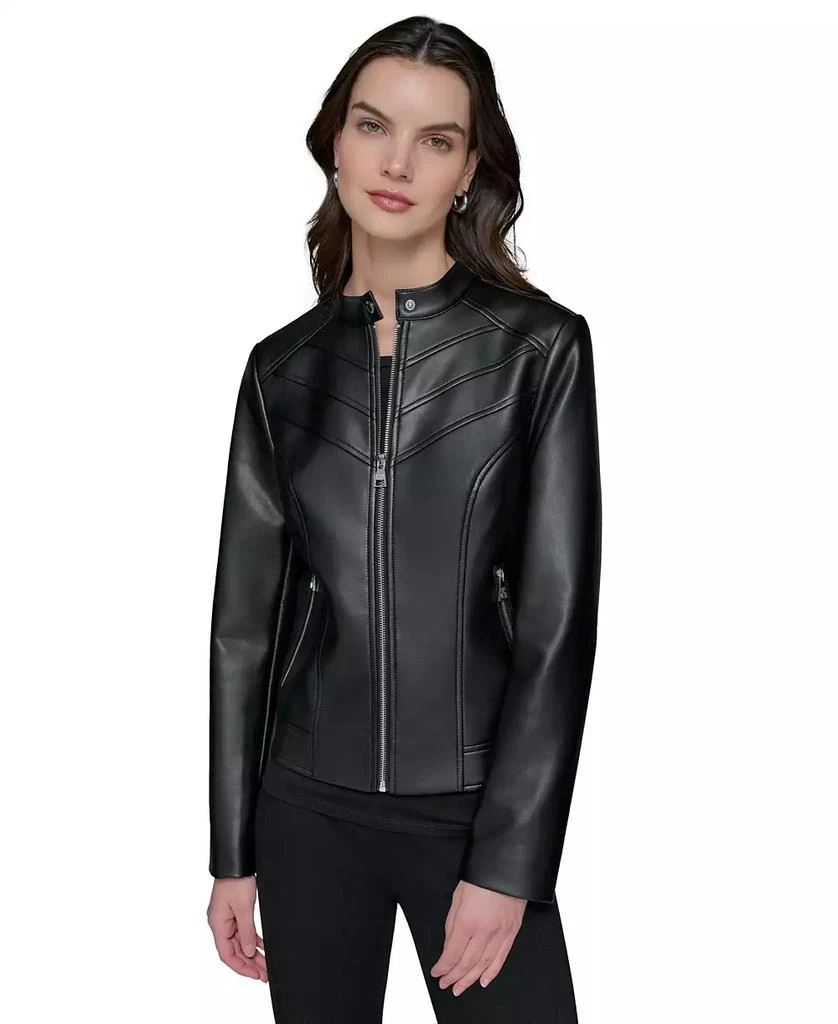 Karl Lagerfeld Paris Women's Fitted Mock-Neck Faux-Leather Jacket 1