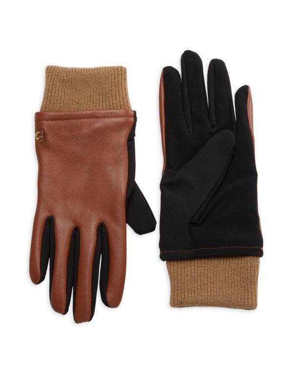 Cole Haan Rib-Knit Cuff Leather Gloves