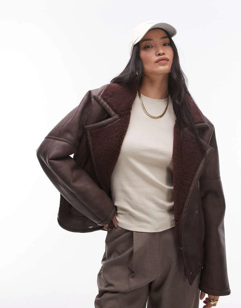 Topshop Topshop shearling jacket in burgundy 3