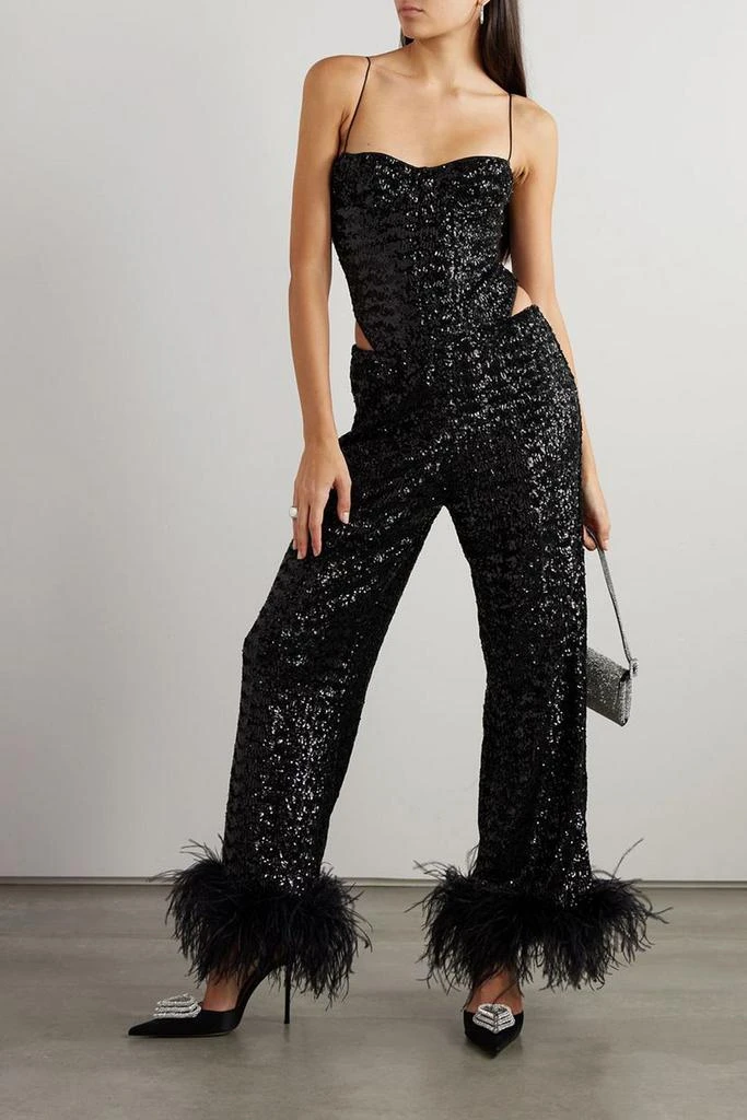 OSÉREE Feather-trimmed sequined satin straight-leg pants 2