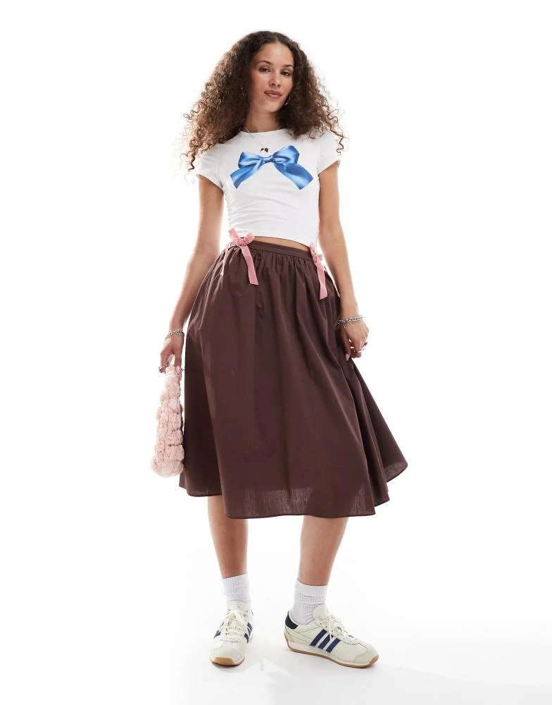Glamorous a line skirt in brown with pink velvet bow ties – On