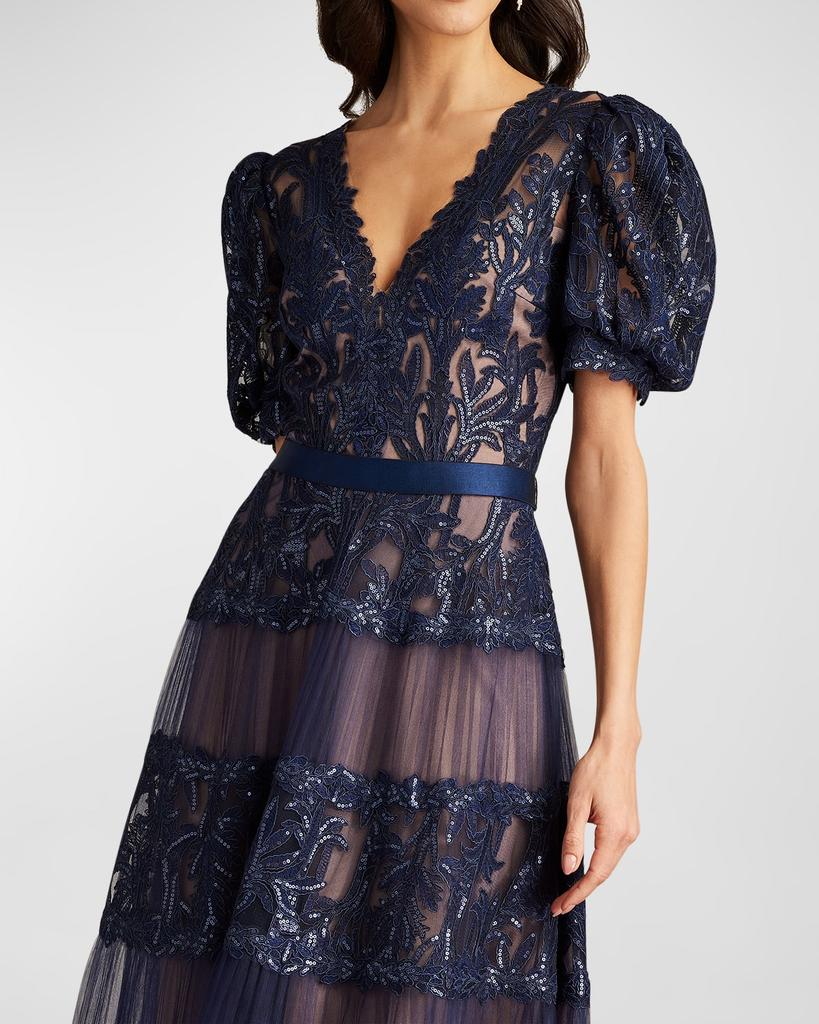 Tadashi Shoji Tiered Puff-Sleeve Sequin Lace Midi Dress