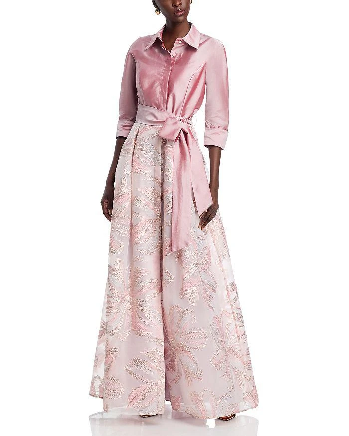 Teri Jon Taffeta Metallic Tie Waist Shirt Dress Gown 1