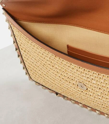 Valentino Rockstud Large leather-trimmed raffia clutch 3