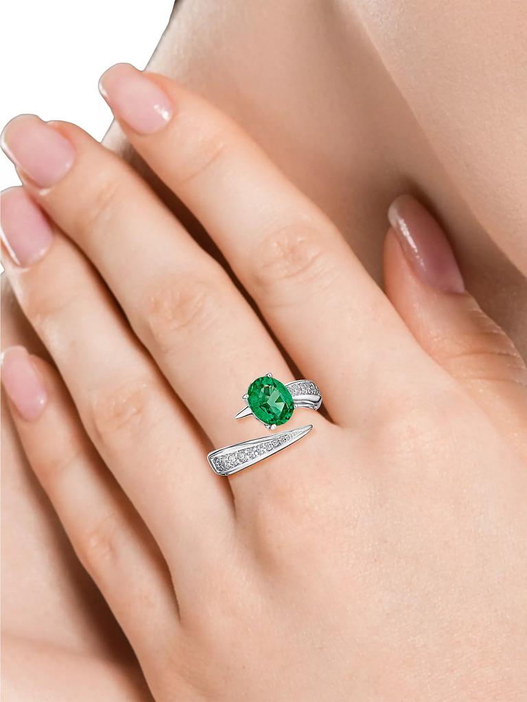 HUEB 18K White Gold, Emerald & 0.358 TCW Diamond Bypass Ring