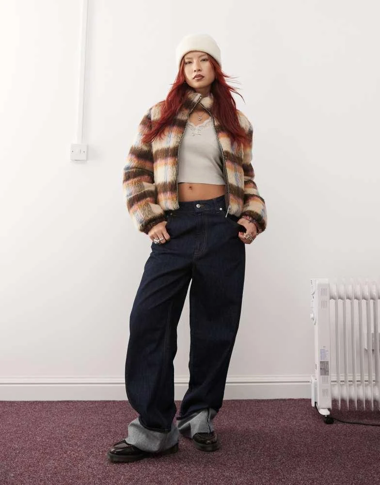 Monki Monki reversible padded jacket in hairy brown check 3