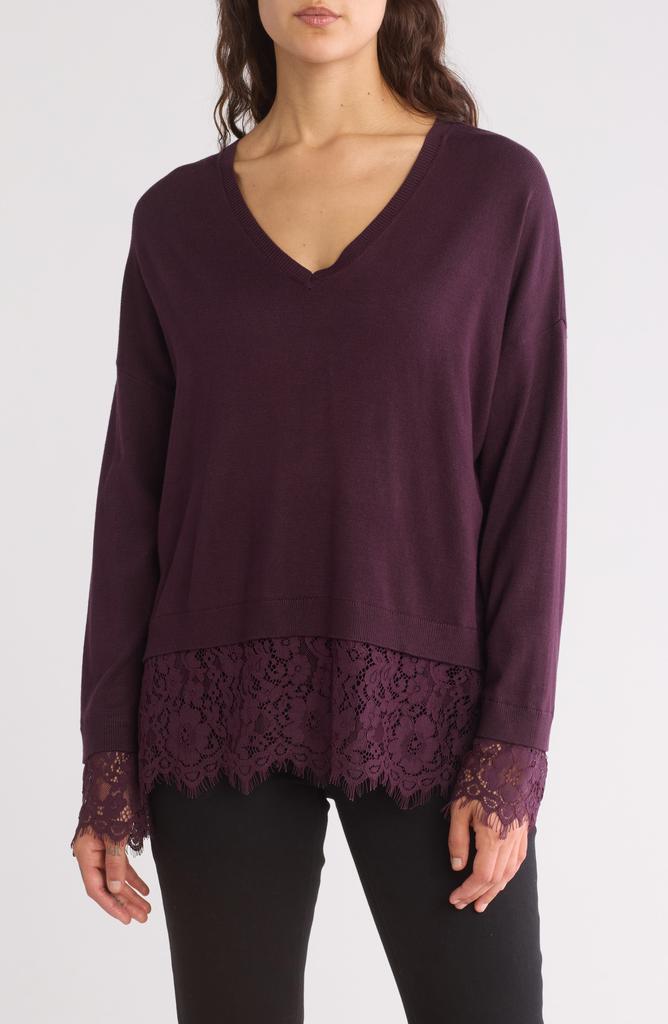 Adrianna Papell V-Neck Lace Trim Sweater