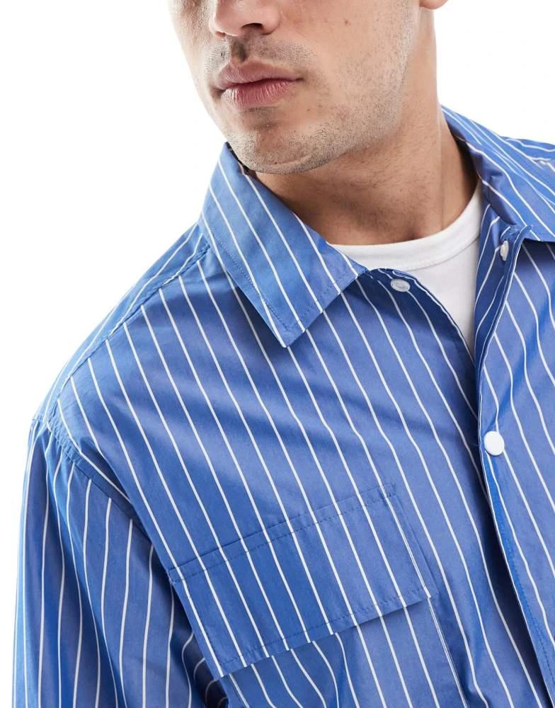 Pull&Bear Pull&Bear striped worker shacket in blue 4
