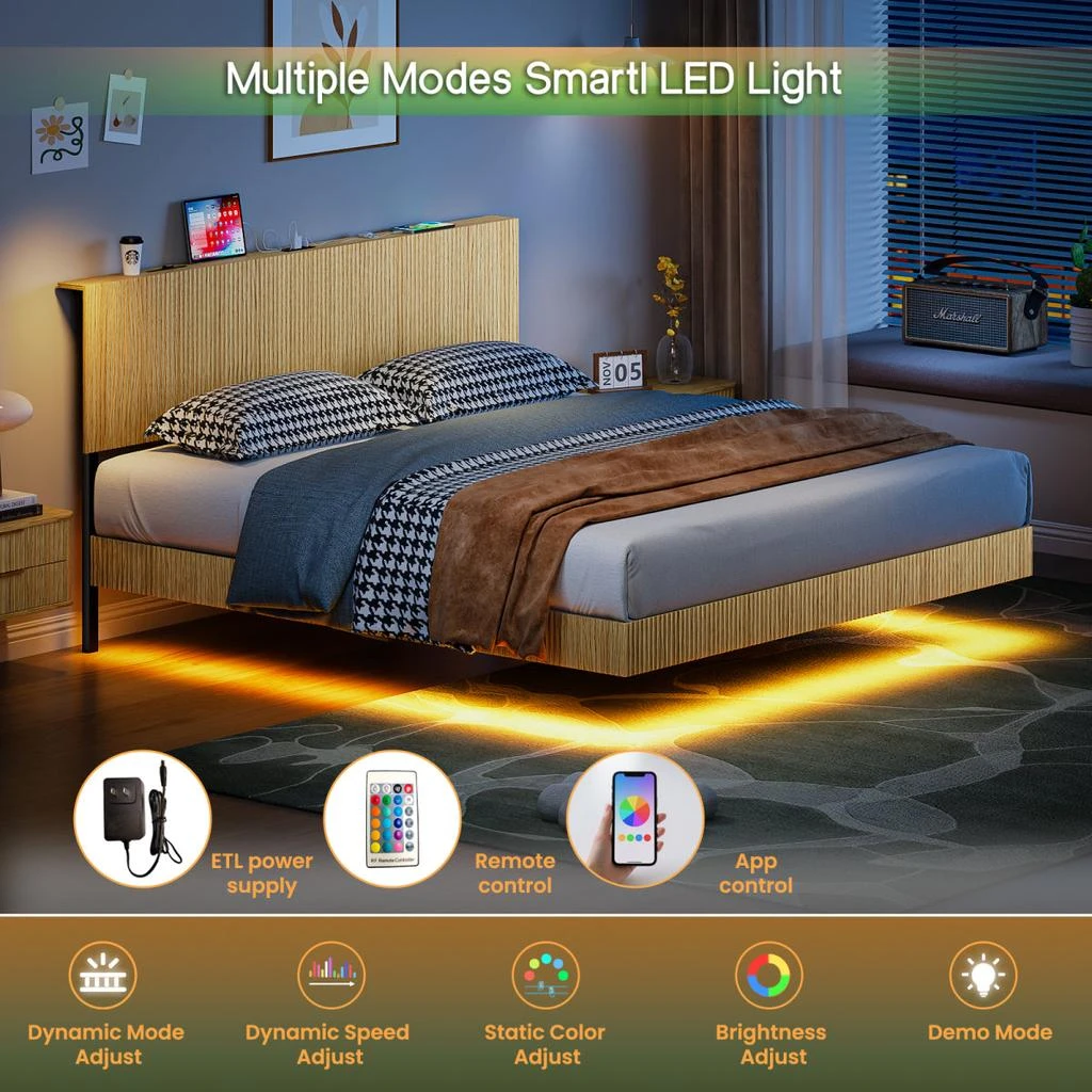 Streamdale Furniture Streamdale Oak King Floating Bed w/ Charging Station, LED Lights 
Wavy Headboard 2