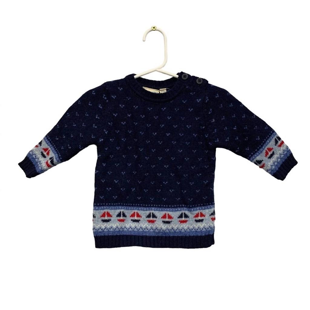 JoJo Maman Bébé Boys
 Long Sleeve Wool Sailboat Sweater In Navy