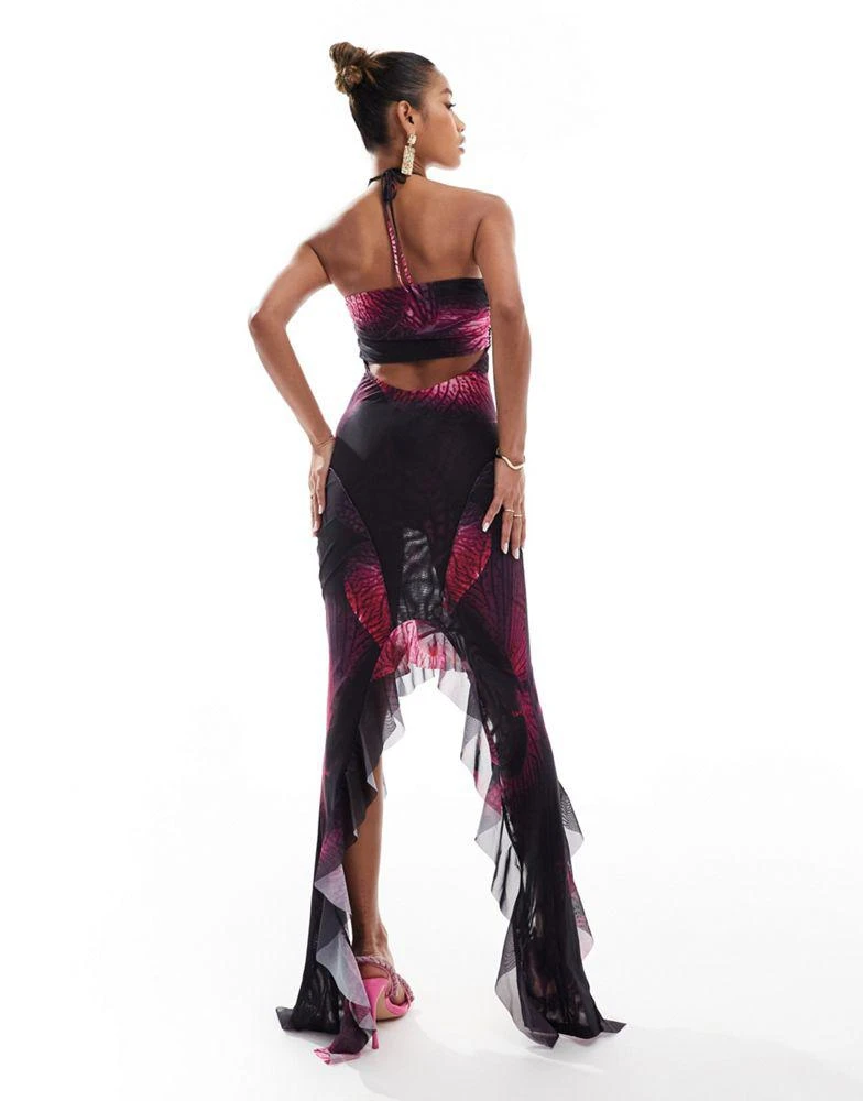 Shop Murci exclusive mesh halterneck keyhole maxi dress with ruffle  asymmetric hem in purple lily print on Sale at BeyondStyle  Get 60% Off  Murci exclusive mesh halterneck keyhole maxi dress with