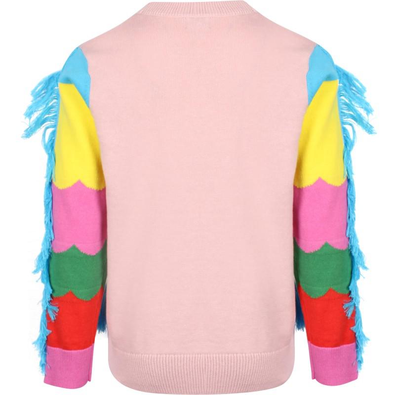 Stella McCartney Kids Colorful parrot print sweater with fringes in light pink