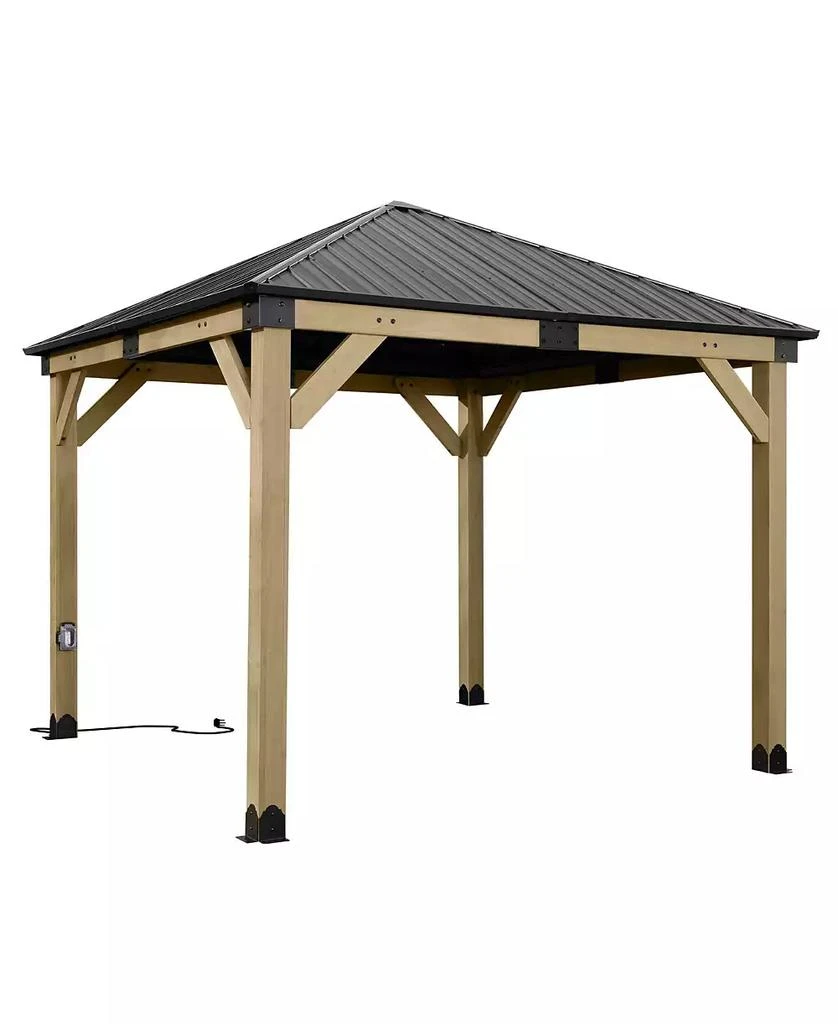 Aoodor 10 x 10 ft Wooden Frame Gazebo with Galvanized Metal Hardtop Roof, Outdoor Patio Gazebo with Charging Socket