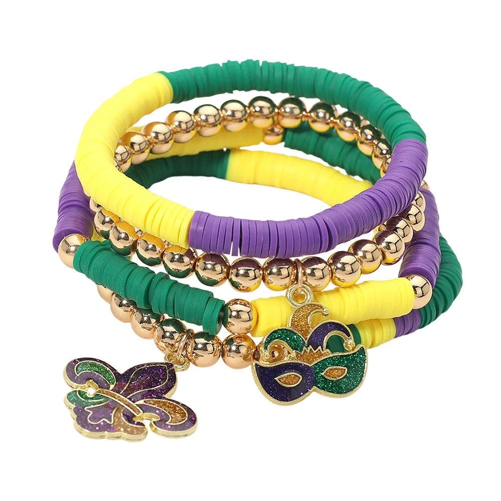 FASHNZFAB 4PCS - Mardi Gras Fleur de Lis Eye Mask Charm Heishi Beaded Stretch Multi Layered Bracelets 2