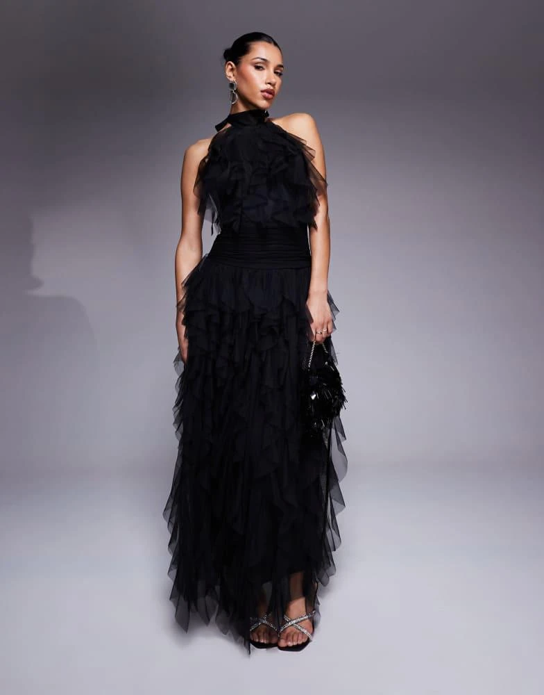 Lace & Beads backless ruffle tulle maxi dress in Black Lace & Beads backless ruffle tulle maxi dress in Black
